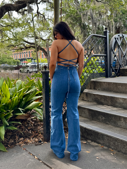 Showstopper Open Back Denim Jumpsuit