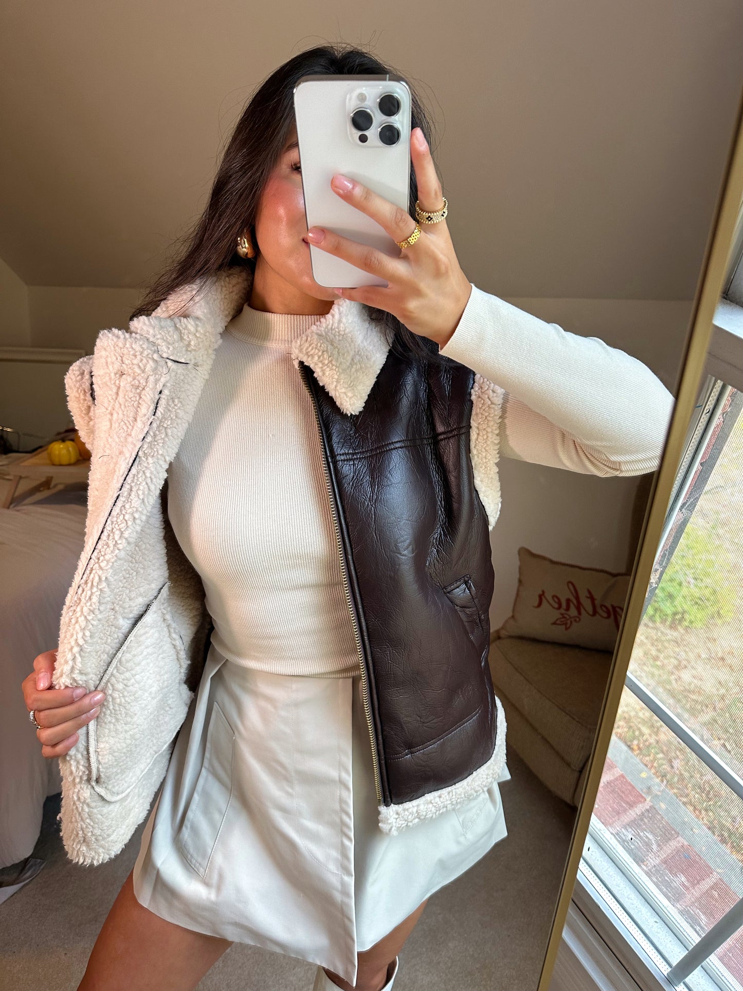 Brown Leather Sherpa Zip-Up Vest