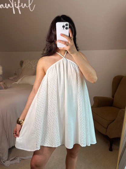 Lace Detail Open Back Halter Mini Dress