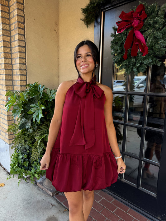 Wine Satin Halter Bow Dress