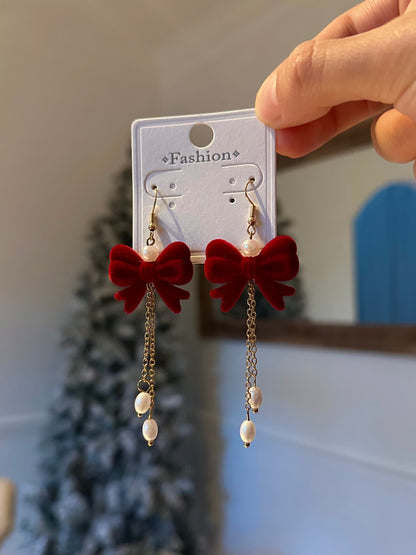 Red Velvet Bow Drop Earrings (Pearl & Gold)