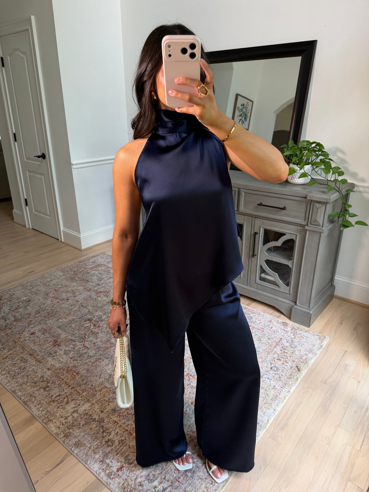 The Hamptons Navy Satin Top & Pant Set