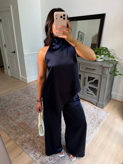 The Hamptons Navy Satin Top & Pant Set