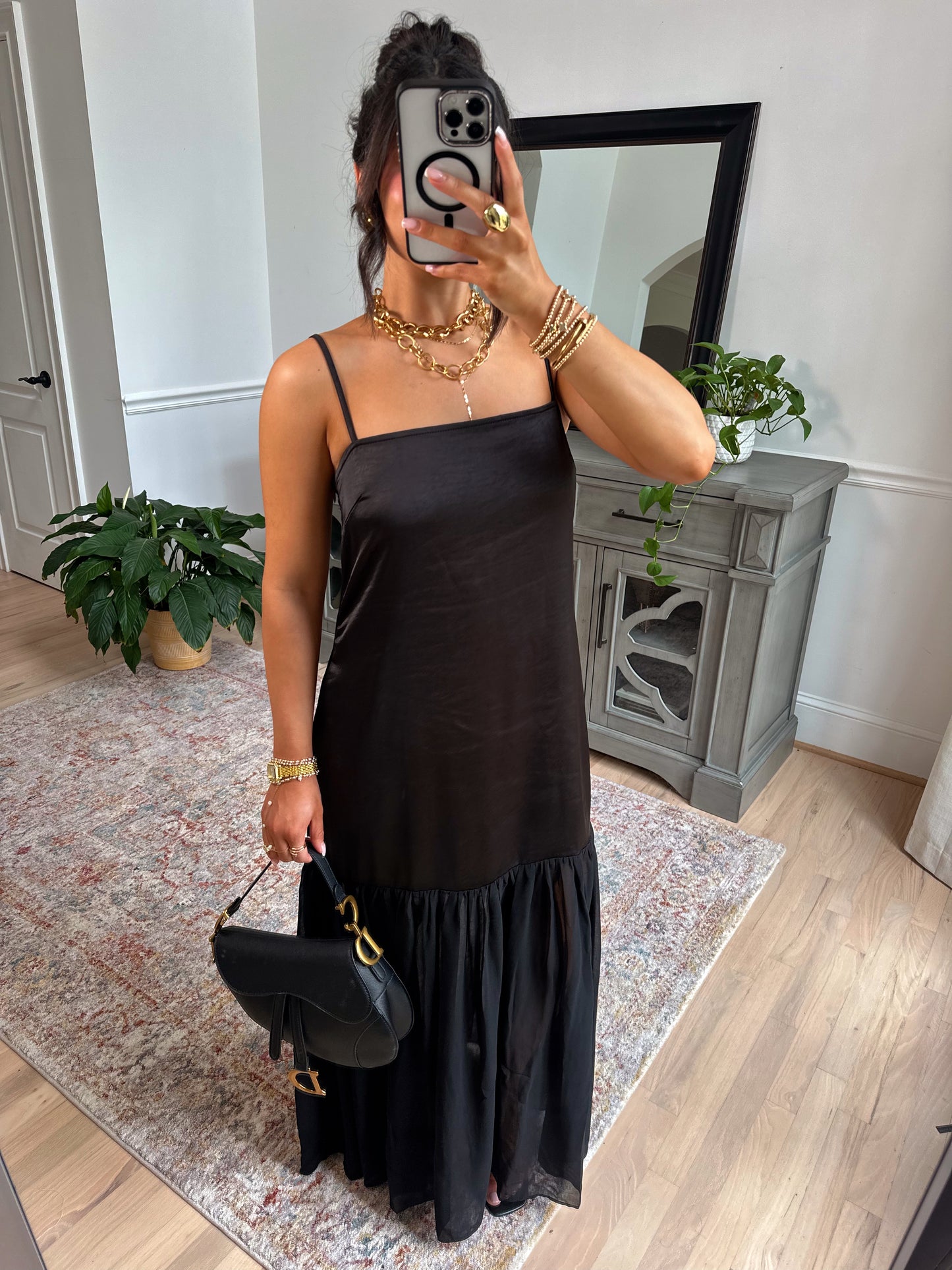 Statement Satin Chiffon Maxi Dress (Black)