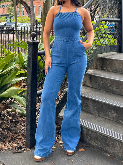 Showstopper Open Back Denim Jumpsuit