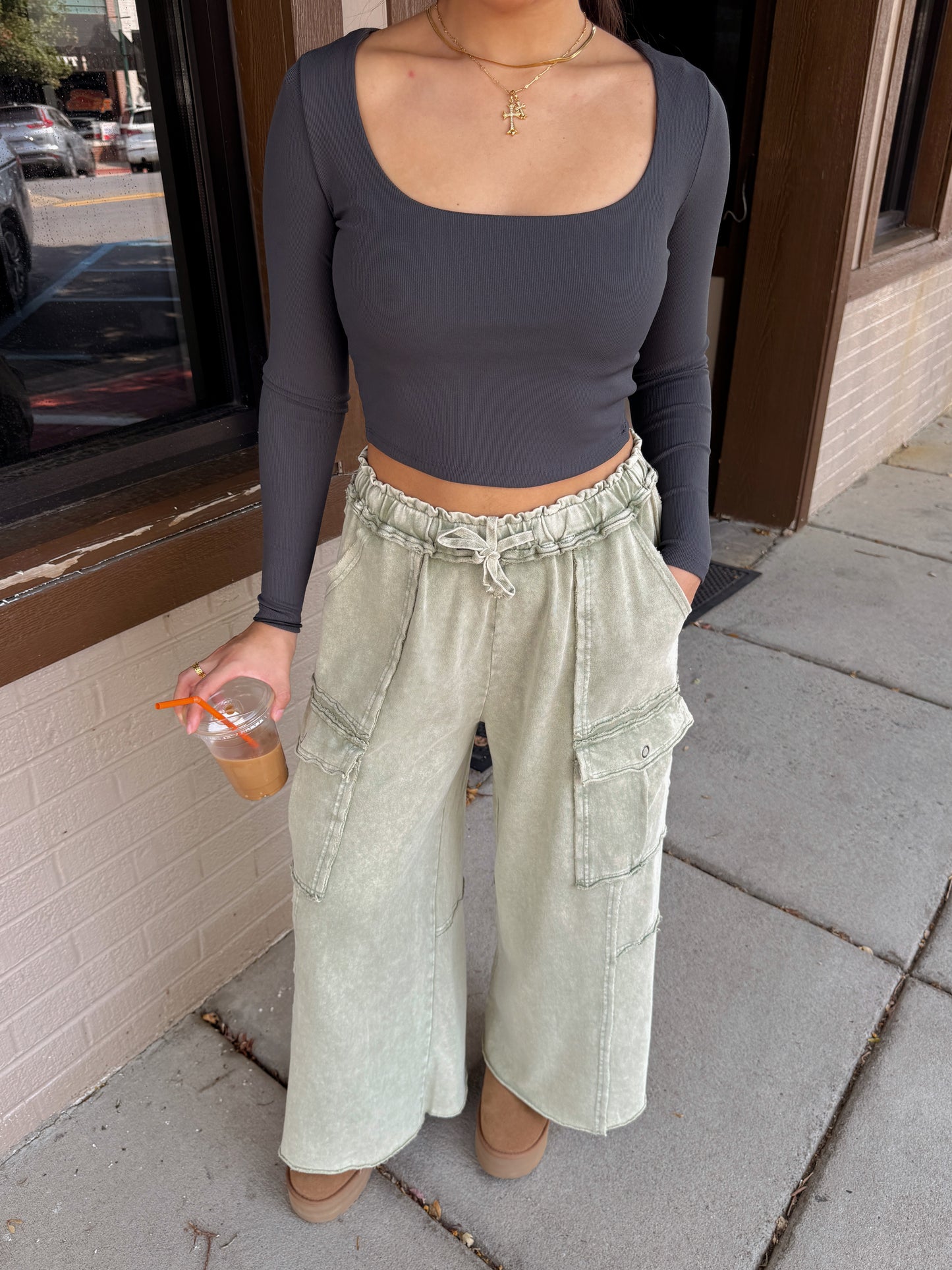 Sage Cargo Flowy Cropped Pants