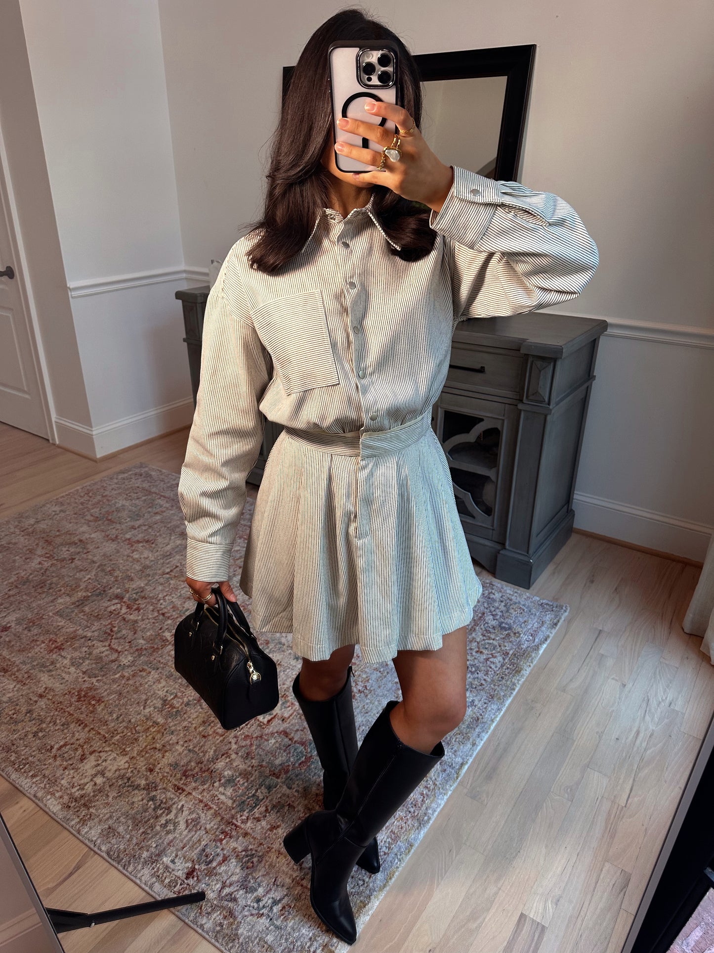 The Hostess Pinstripe Pleated Dress