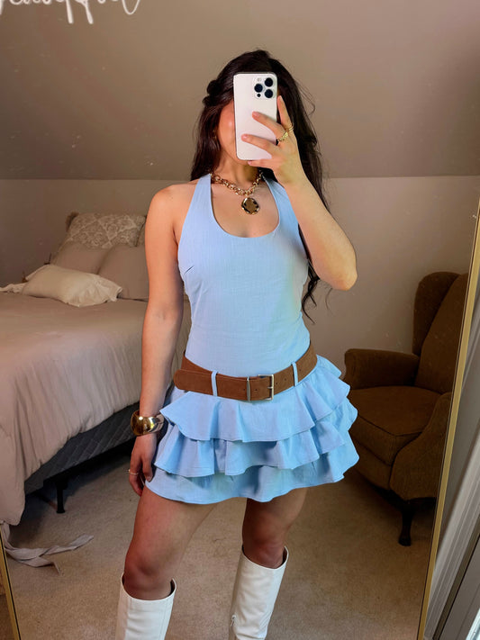 Baby Blue Ruffle Belted Halter Romper