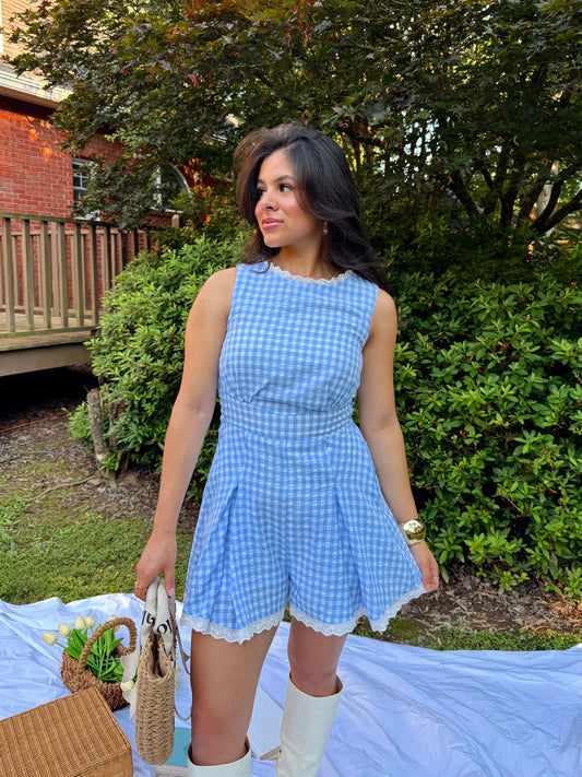Baby Blue Gingham Lace Trim Romper