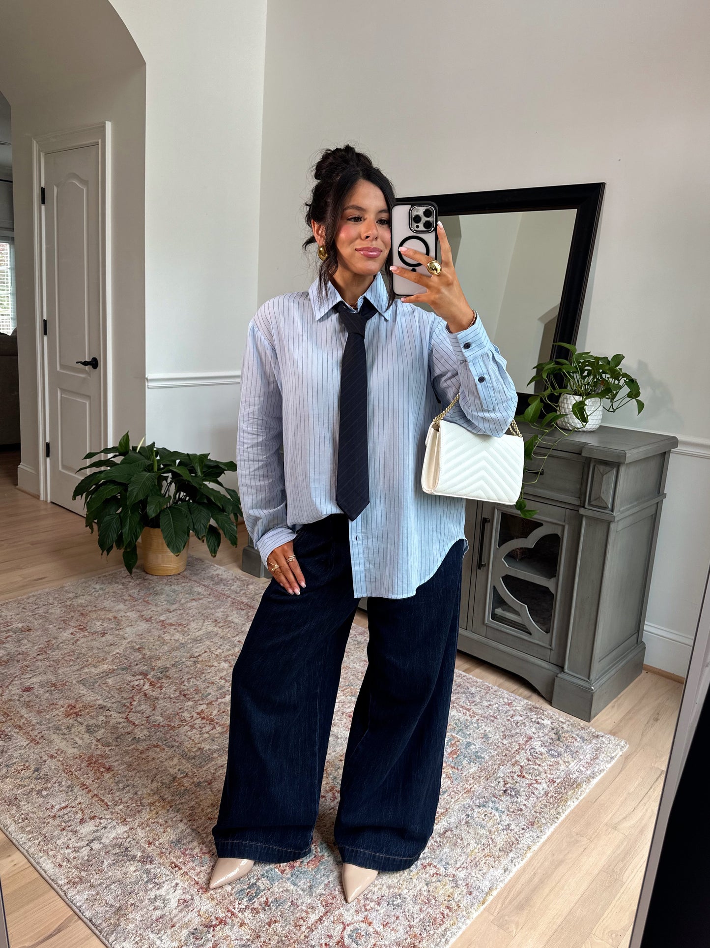 Power & Poise Pinstripe Blouse W/ Tie