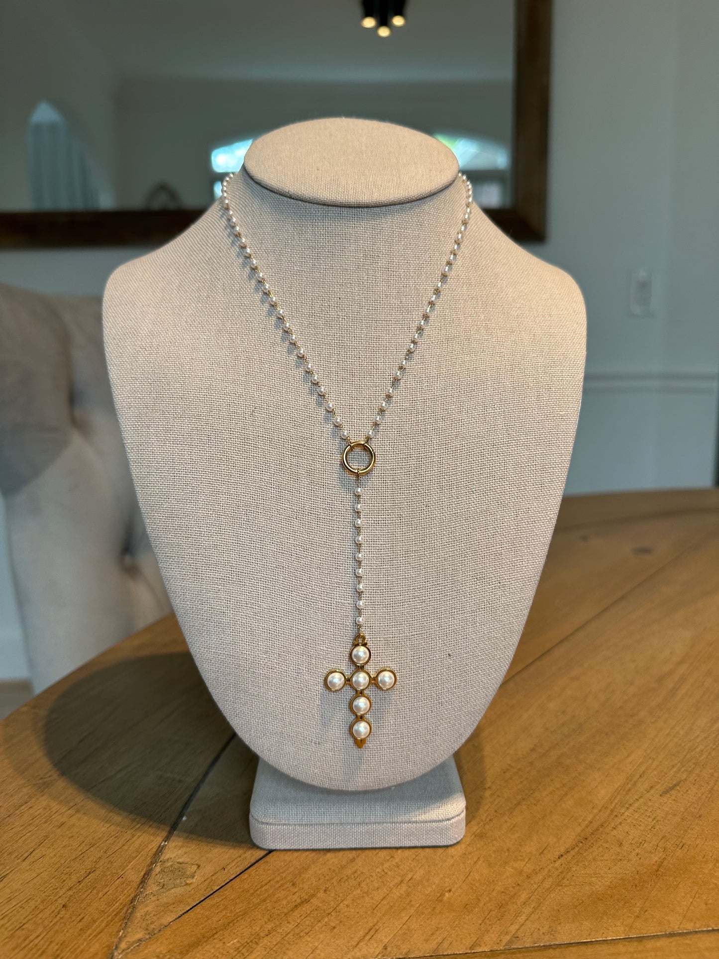Cross Pearl Drop Necklace (Water Resistant)