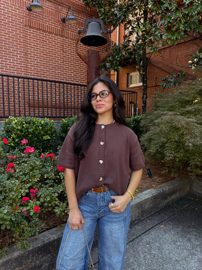 Chocolate Short Sleeve Button Up Cardigan