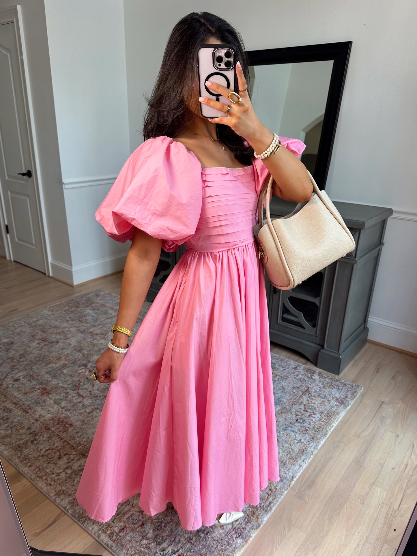 Pink Tulip Puff Sleeve Midi Dress