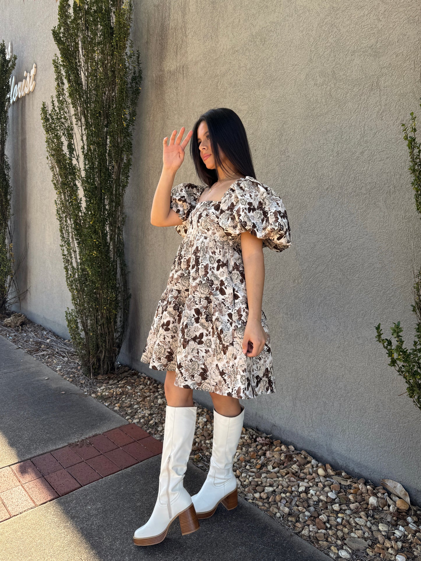 Brown Floral Jacquard Dress
