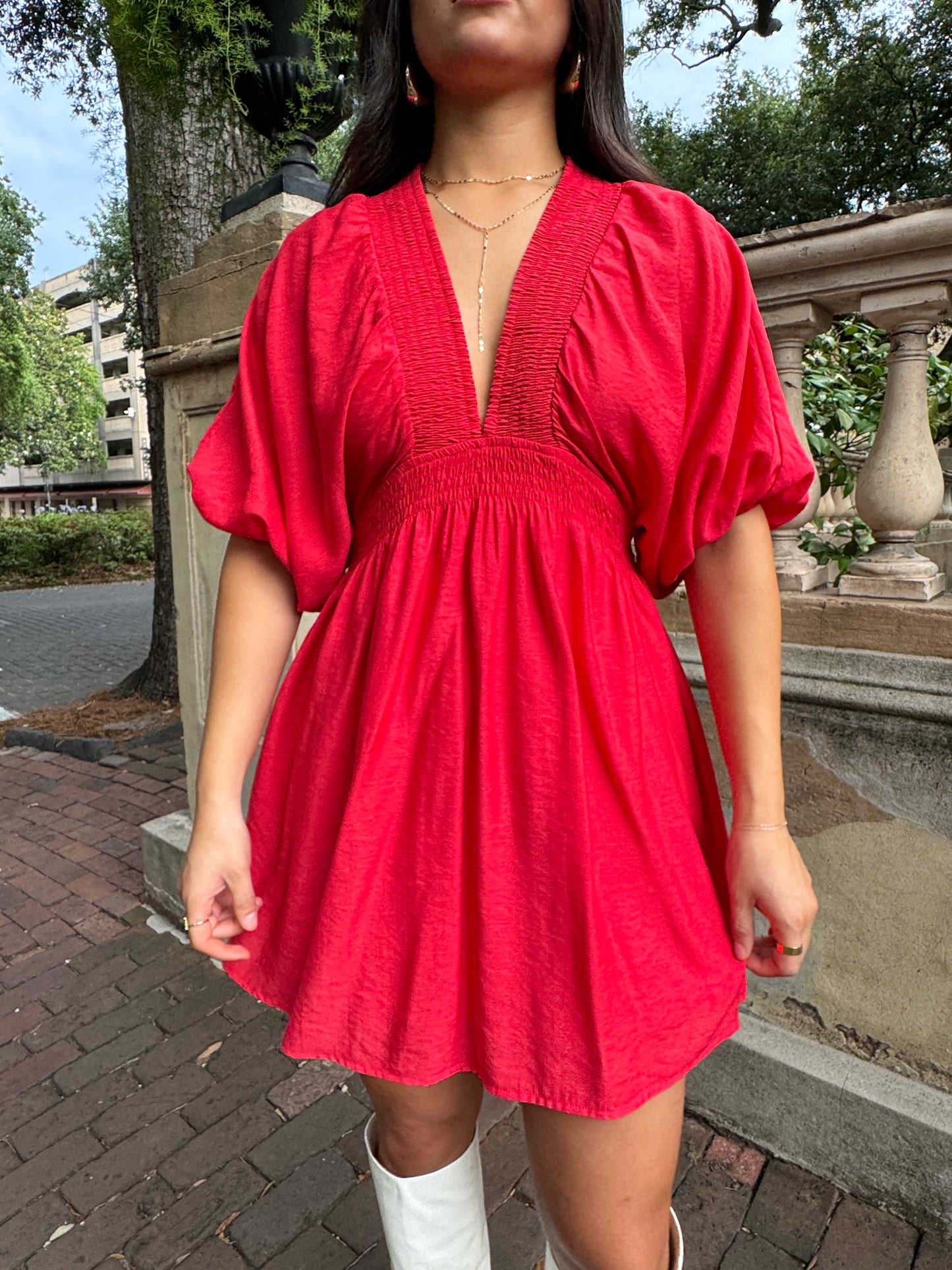 Red Puff Sleeve Flowy Mini Dress