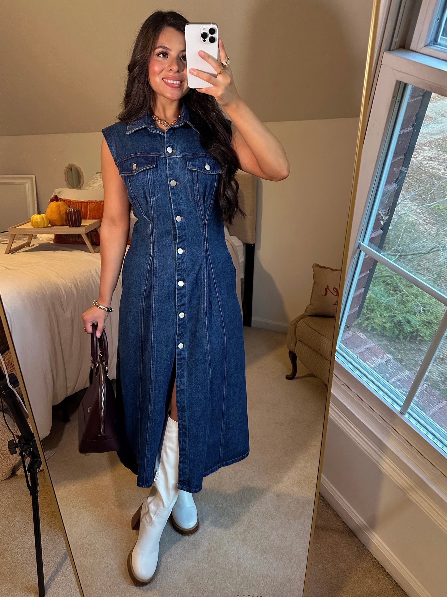 Denim Pleated Button-Up Dress