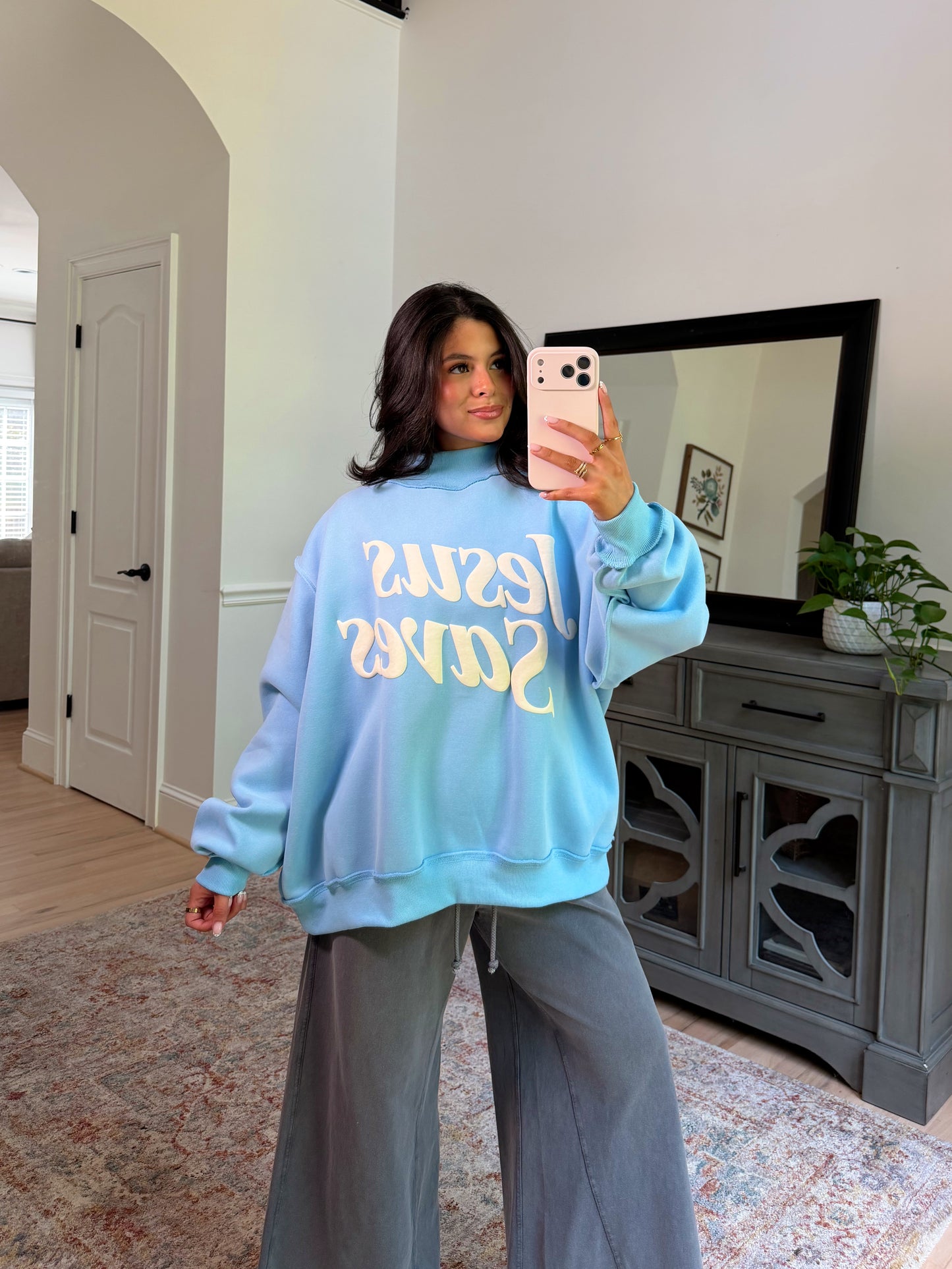‘Jesus Saves’ Puff Blue Mockneck