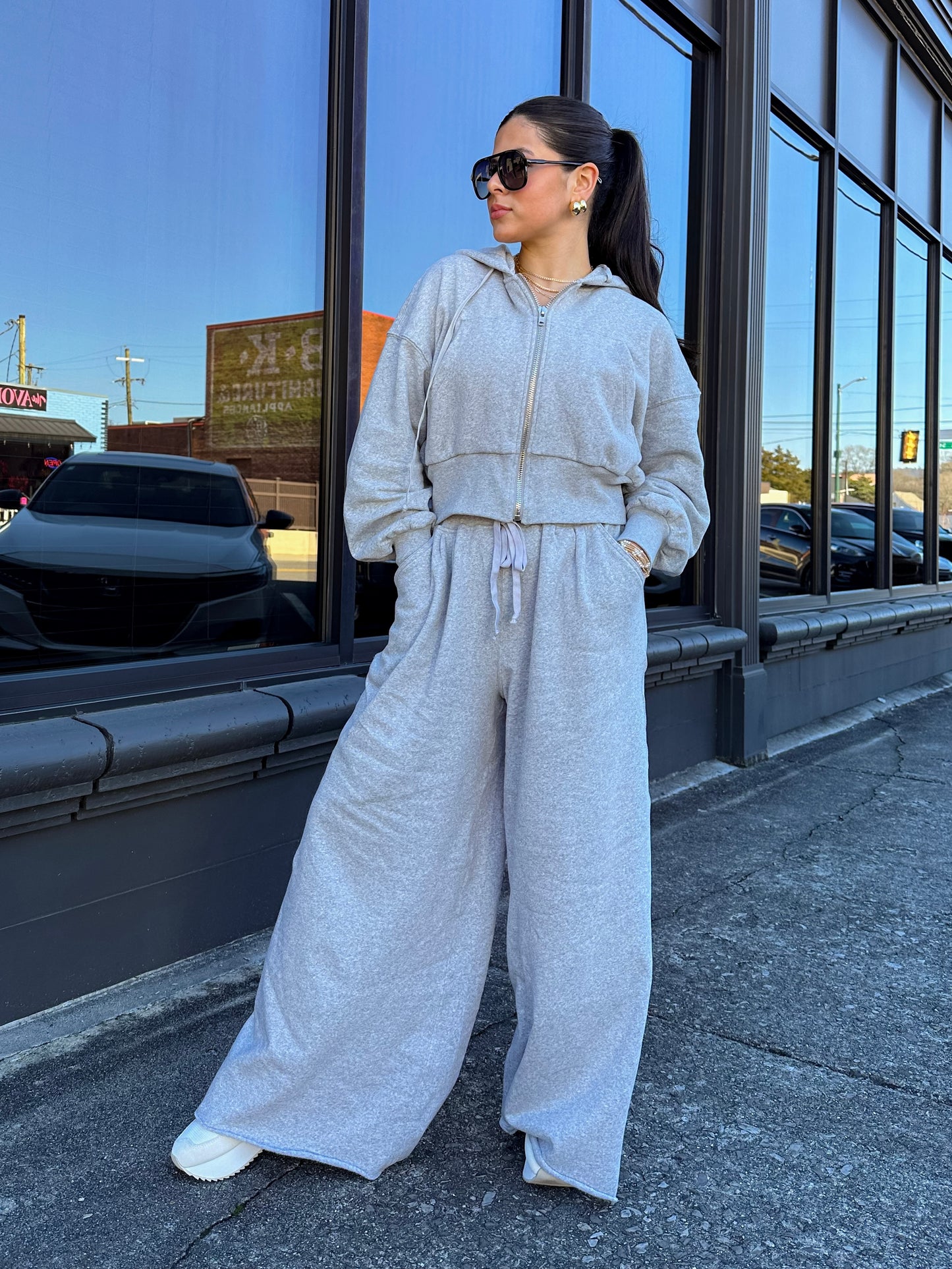 Grey Jacket and Wide Leg Pants Set