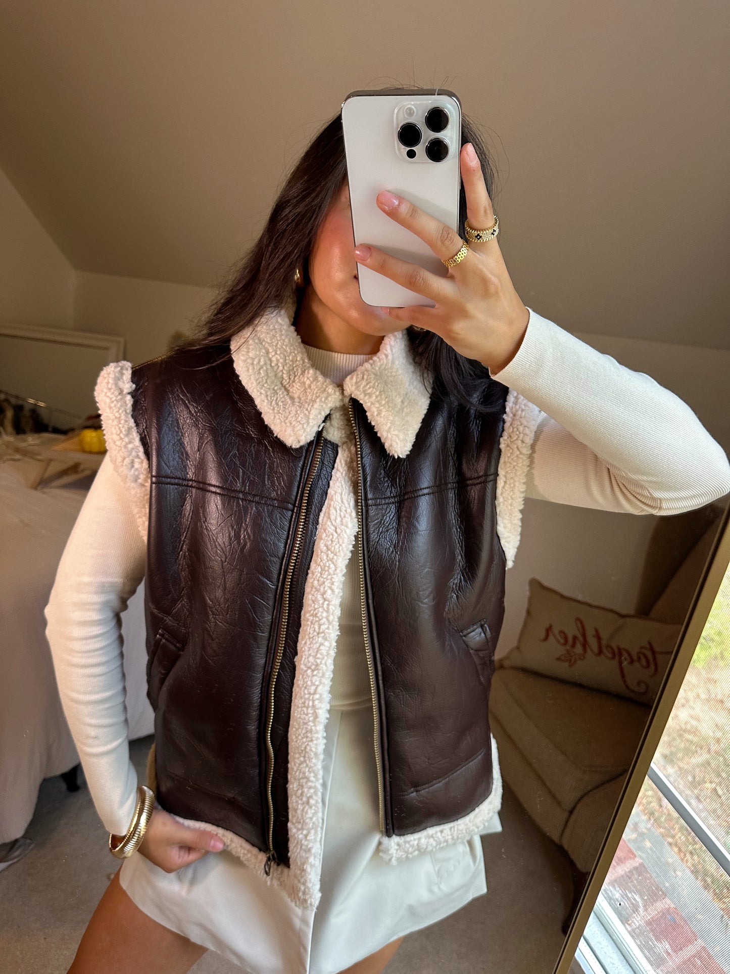 Brown Leather Sherpa Zip-Up Vest