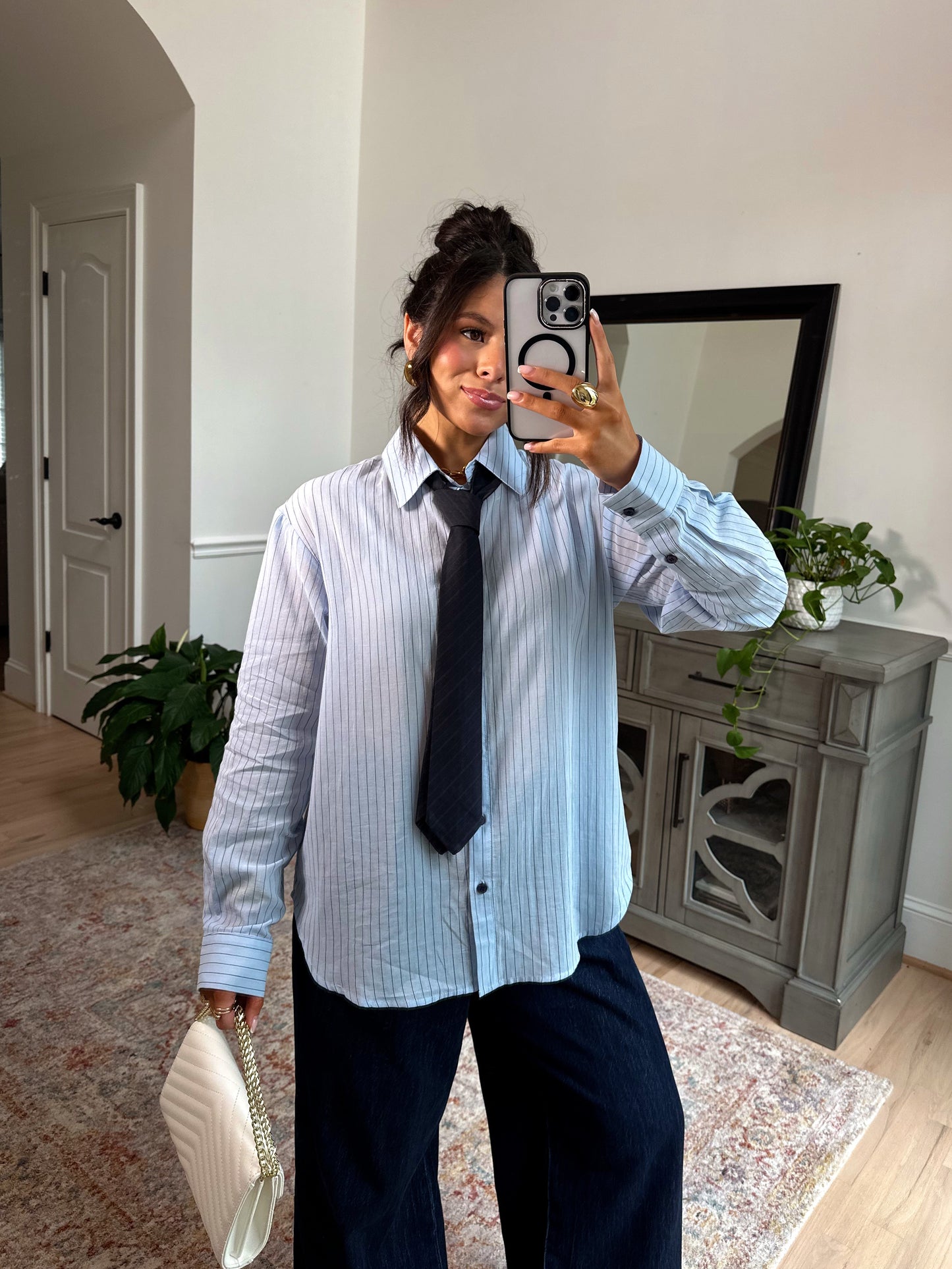 Power & Poise Pinstripe Blouse W/ Tie