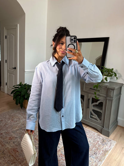 Power & Poise Pinstripe Blouse W/ Tie