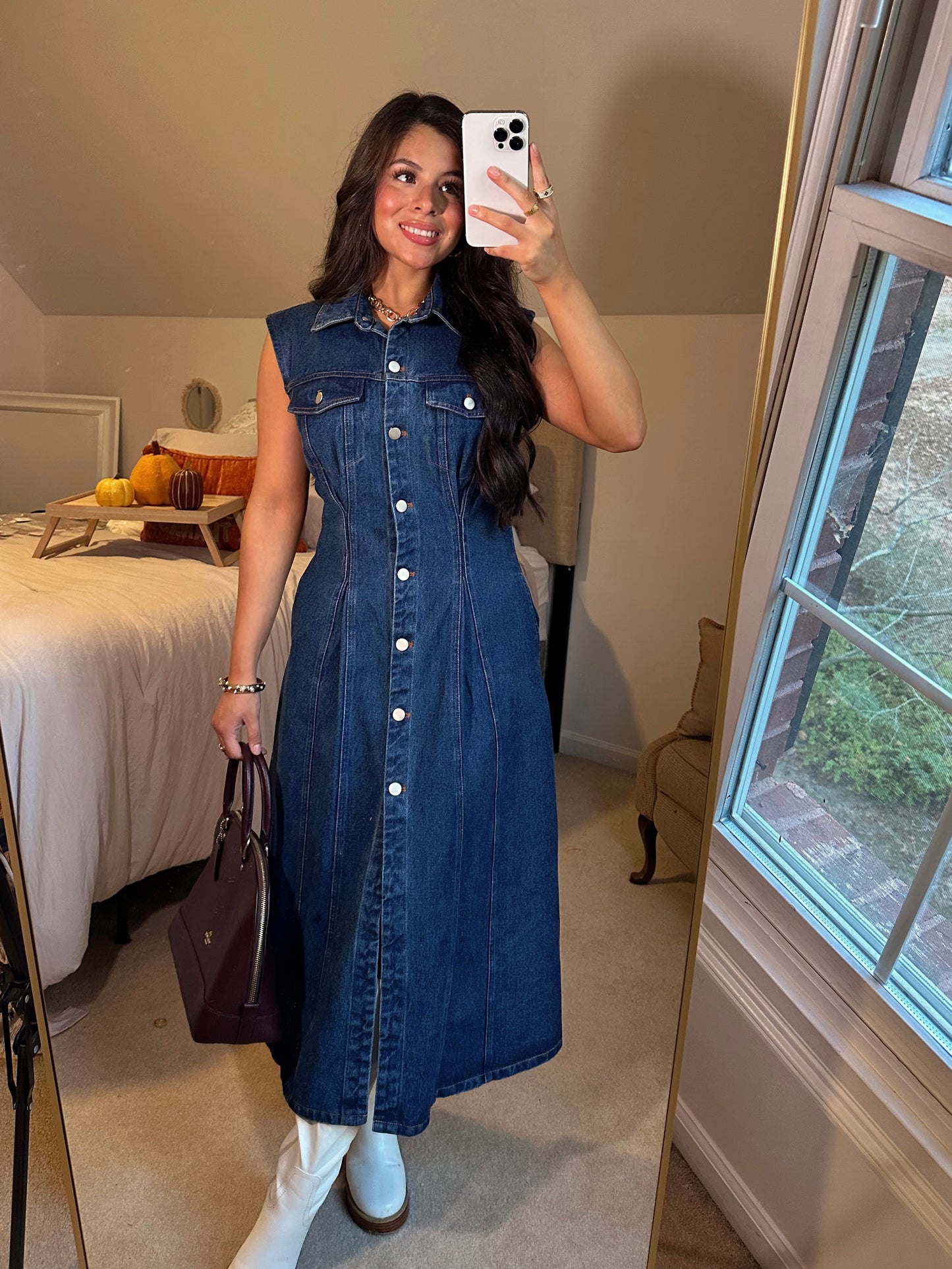 Denim Pleated Button-Up Dress