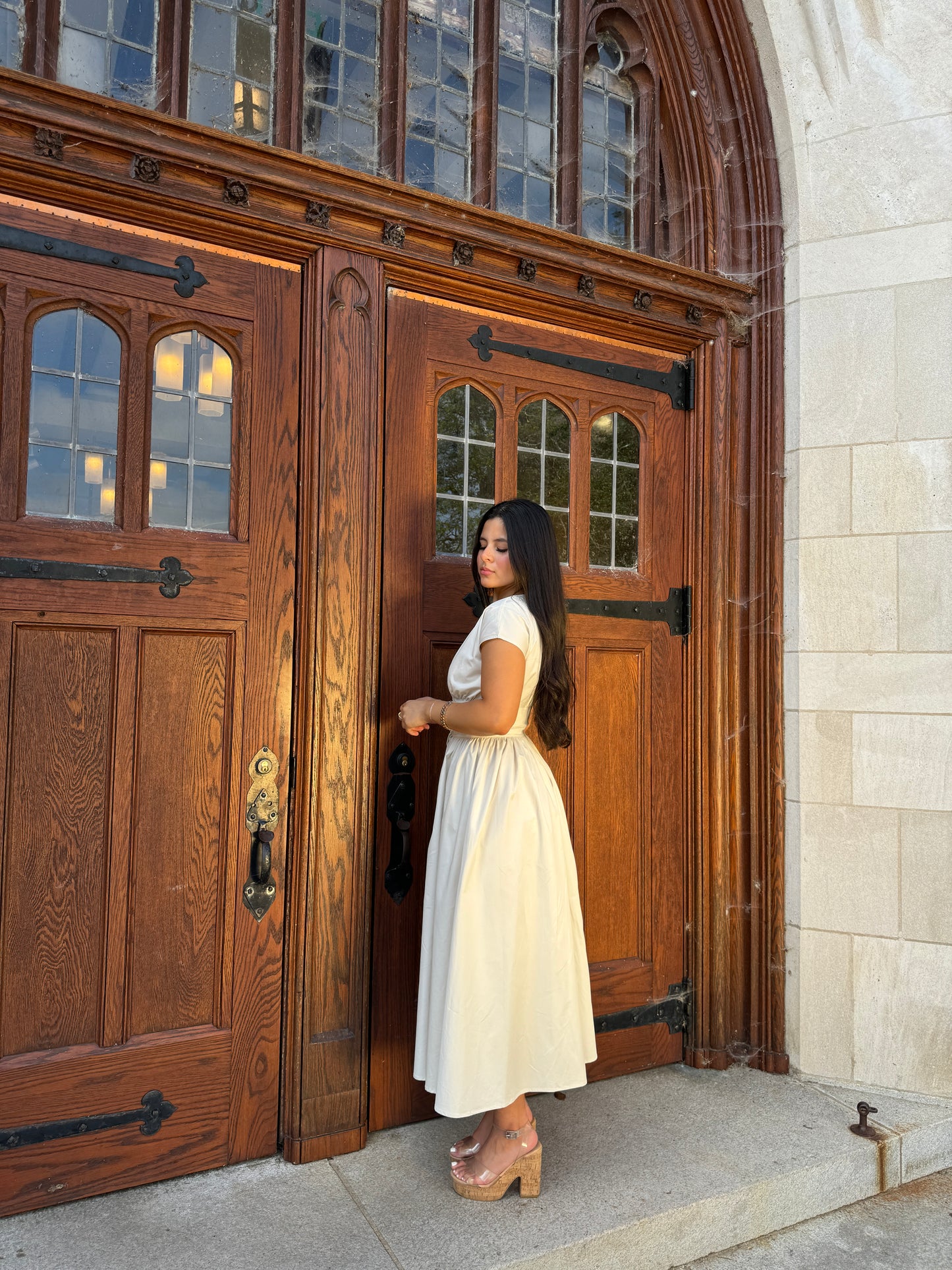 Beige Belted Buckle Dress