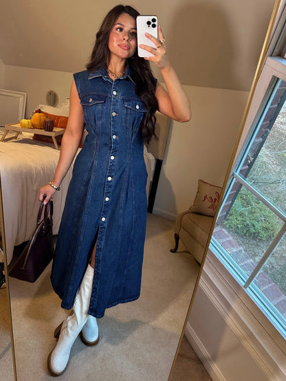 Denim Pleated Button-Up Dress