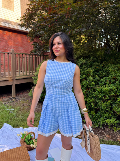 Baby Blue Gingham Lace Trim Romper