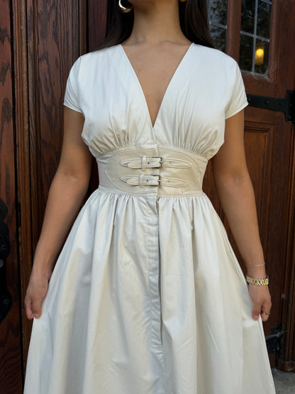 Beige Belted Buckle Dress