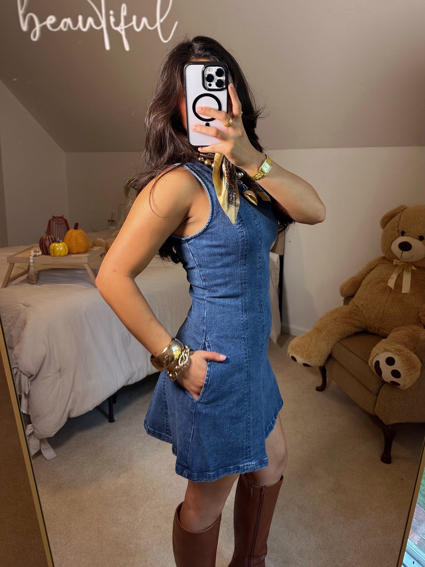 Denim Fit & Flare Stretch Mini Dress
