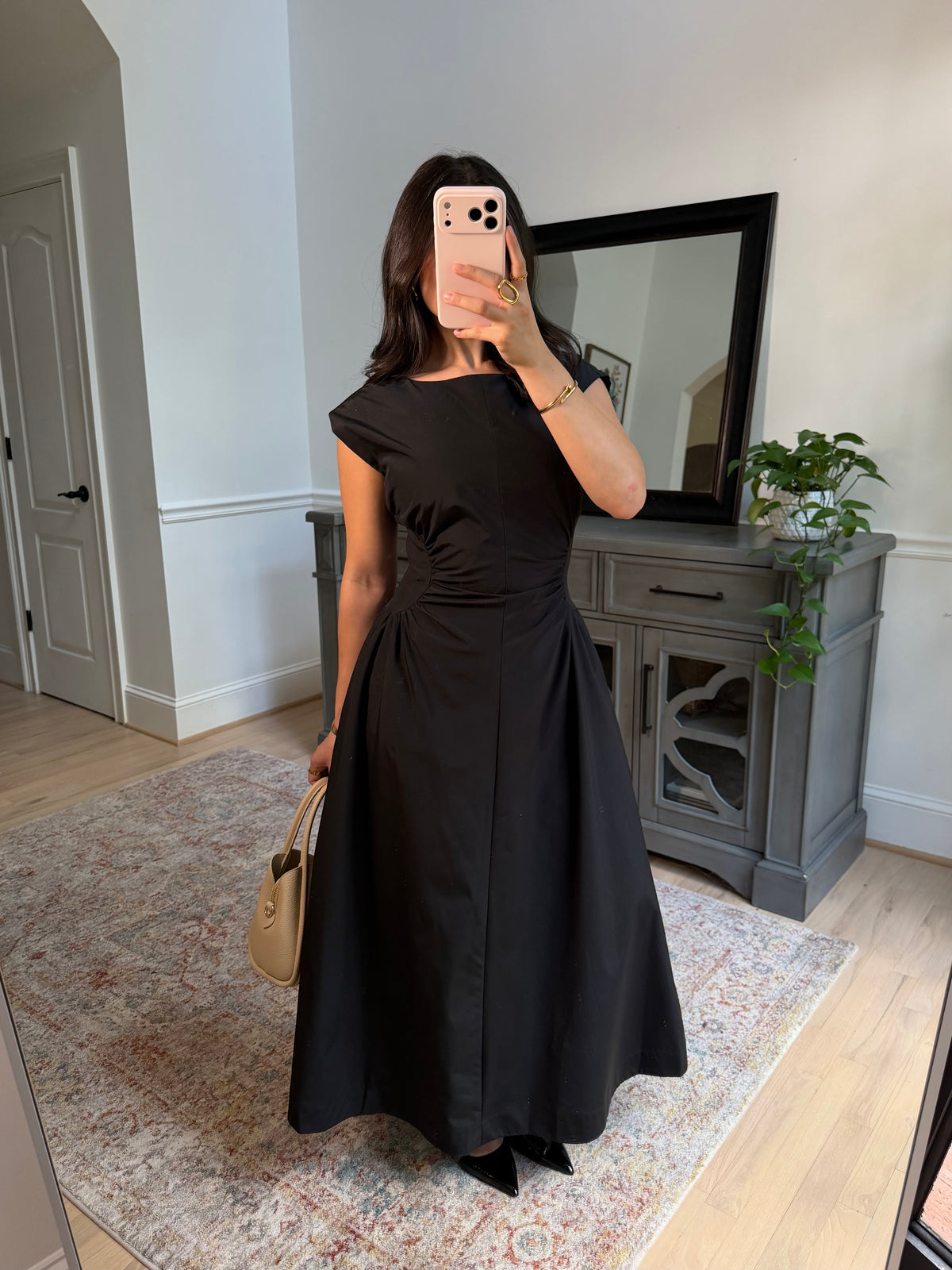 Black Magnolia Pleated Midi Dress