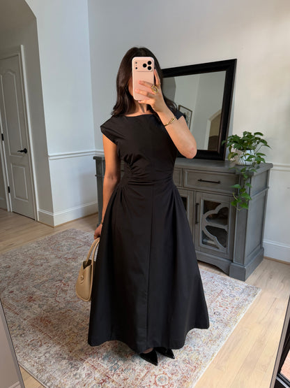 Black Magnolia Pleated Midi Dress