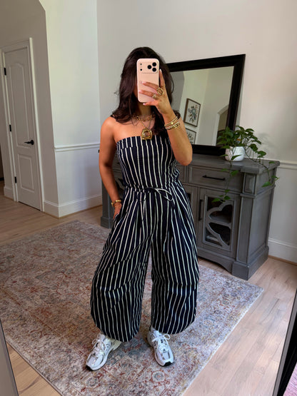 Around Town Striped Navy Jumpsuit