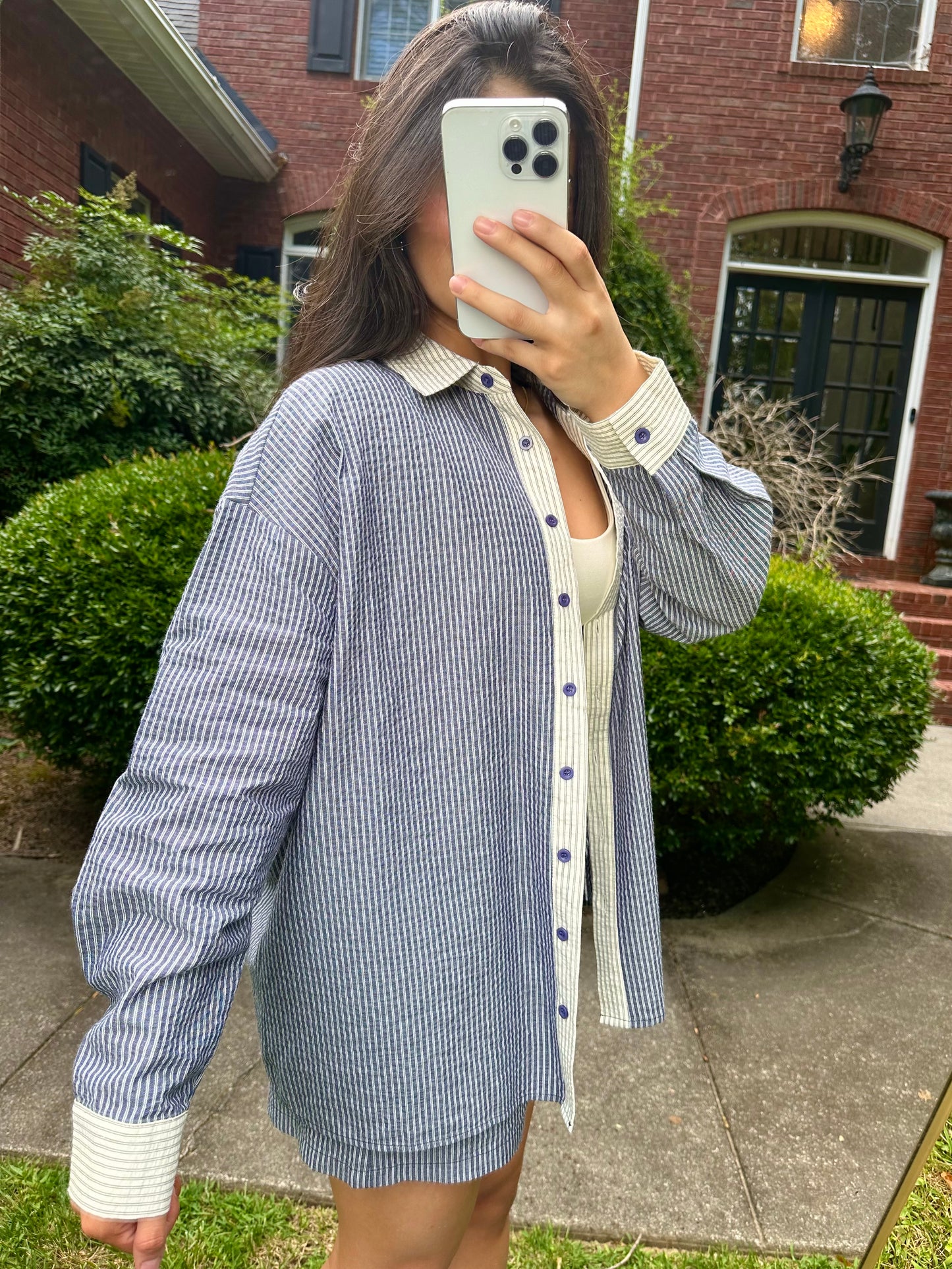 Navy & White Striped Button Up Top & Shorts Set