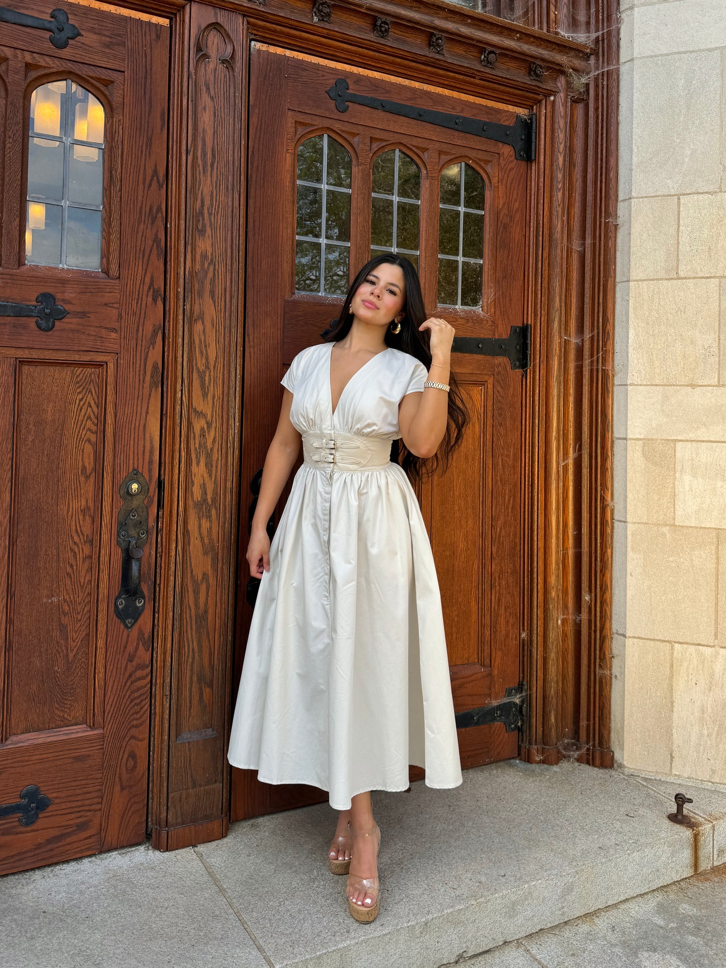 Beige Belted Buckle Dress