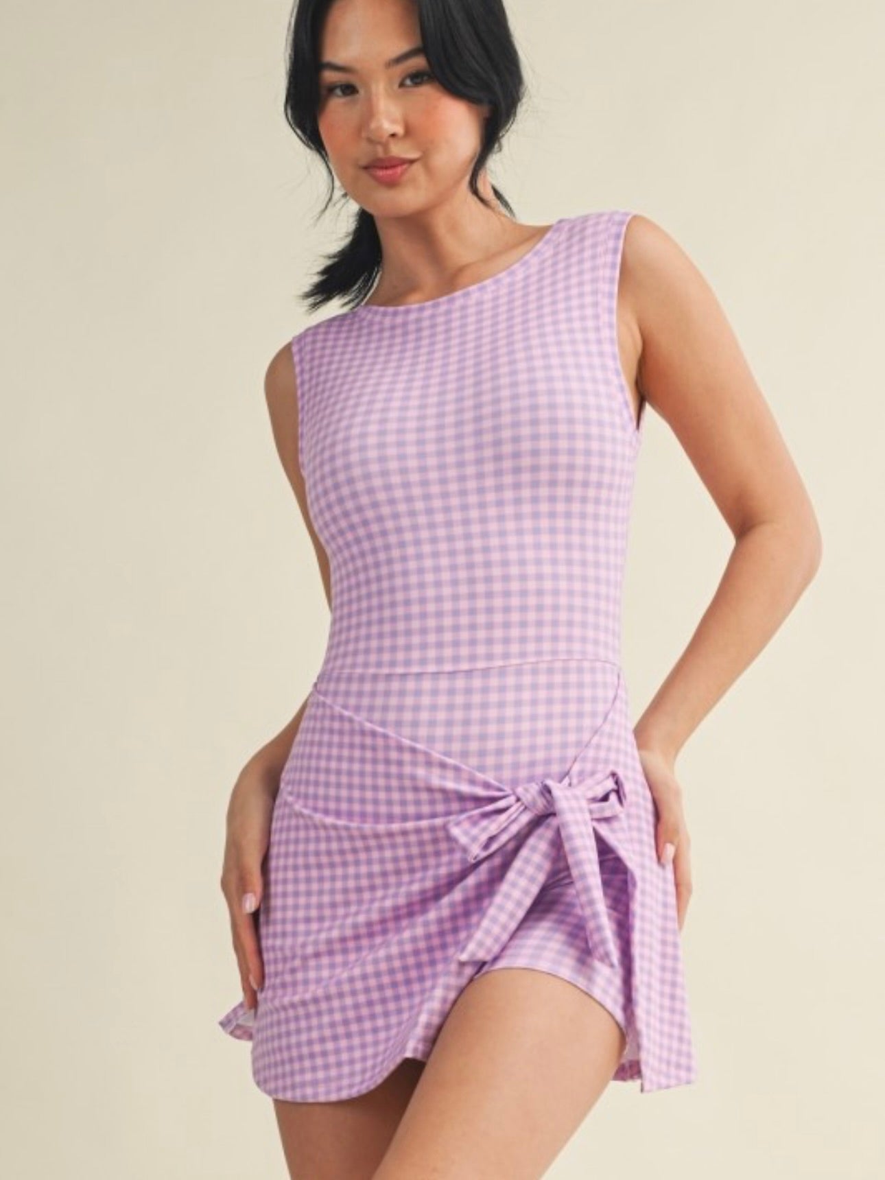 Purple Gingham Wrap Active Romper Dress