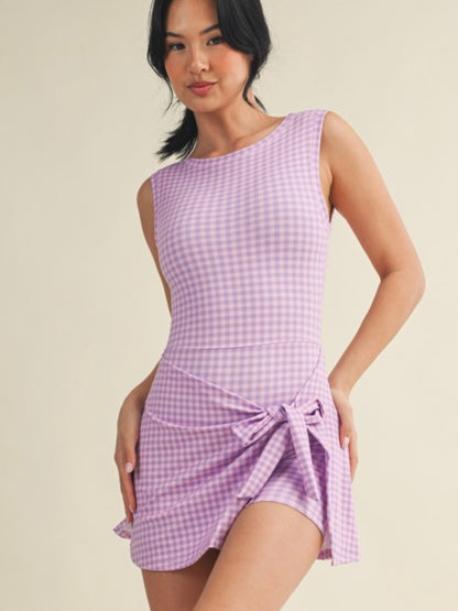 Purple Gingham Wrap Active Romper Dress