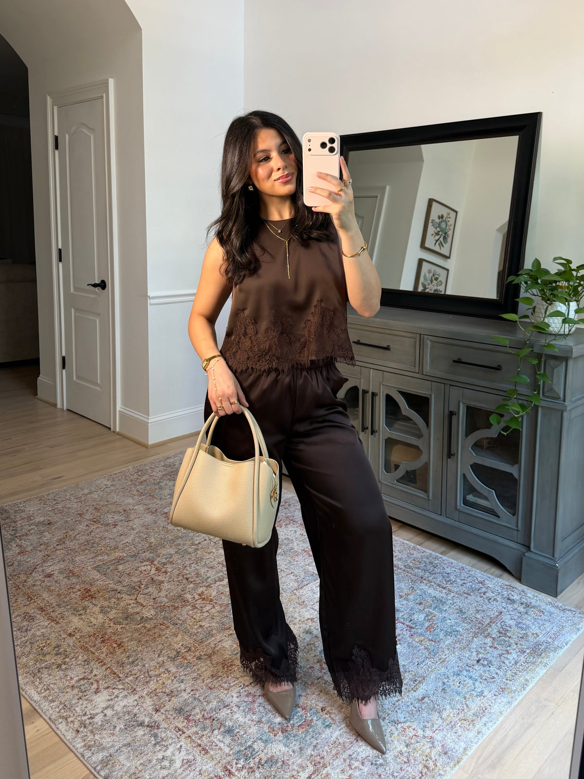 Espresso Brown Satin Top & Pants Set