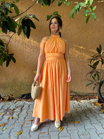 Orange Halter Open-Back Maxi Dress