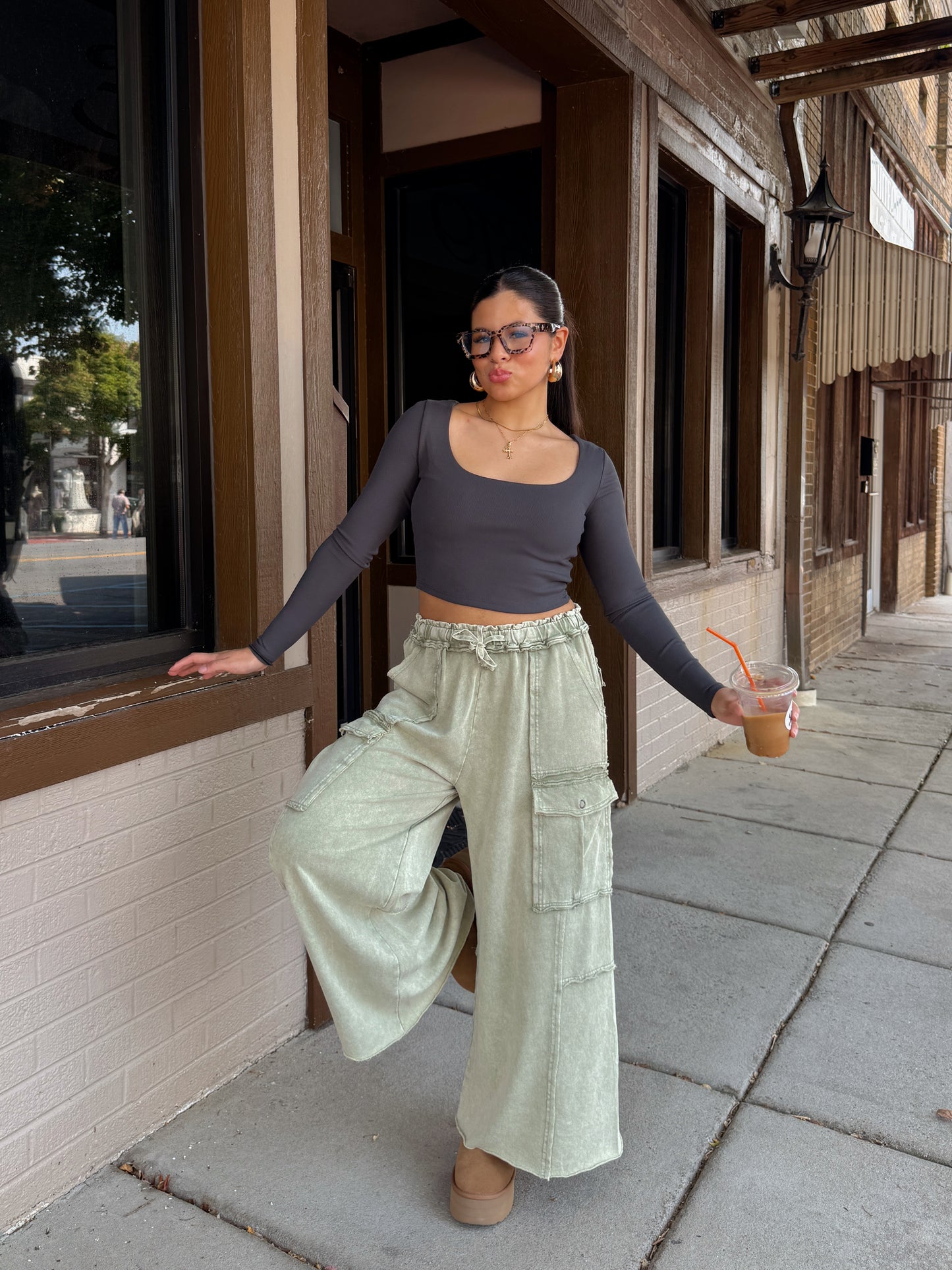 Sage Cargo Flowy Cropped Pants