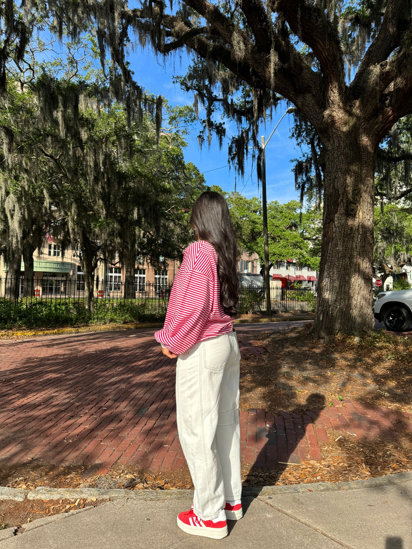 Red and White Striped Long Sleeve Tee