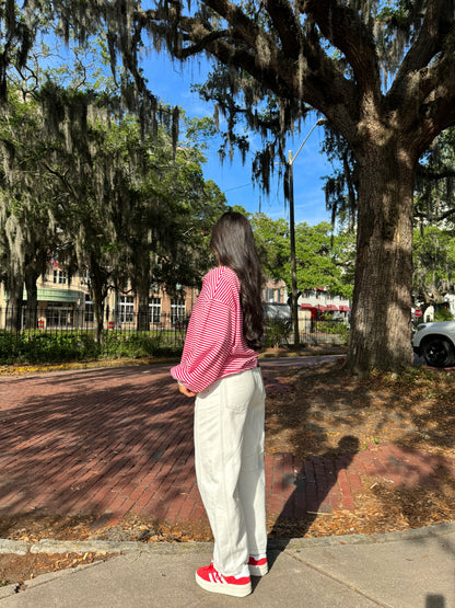 Red and White Striped Long Sleeve Tee