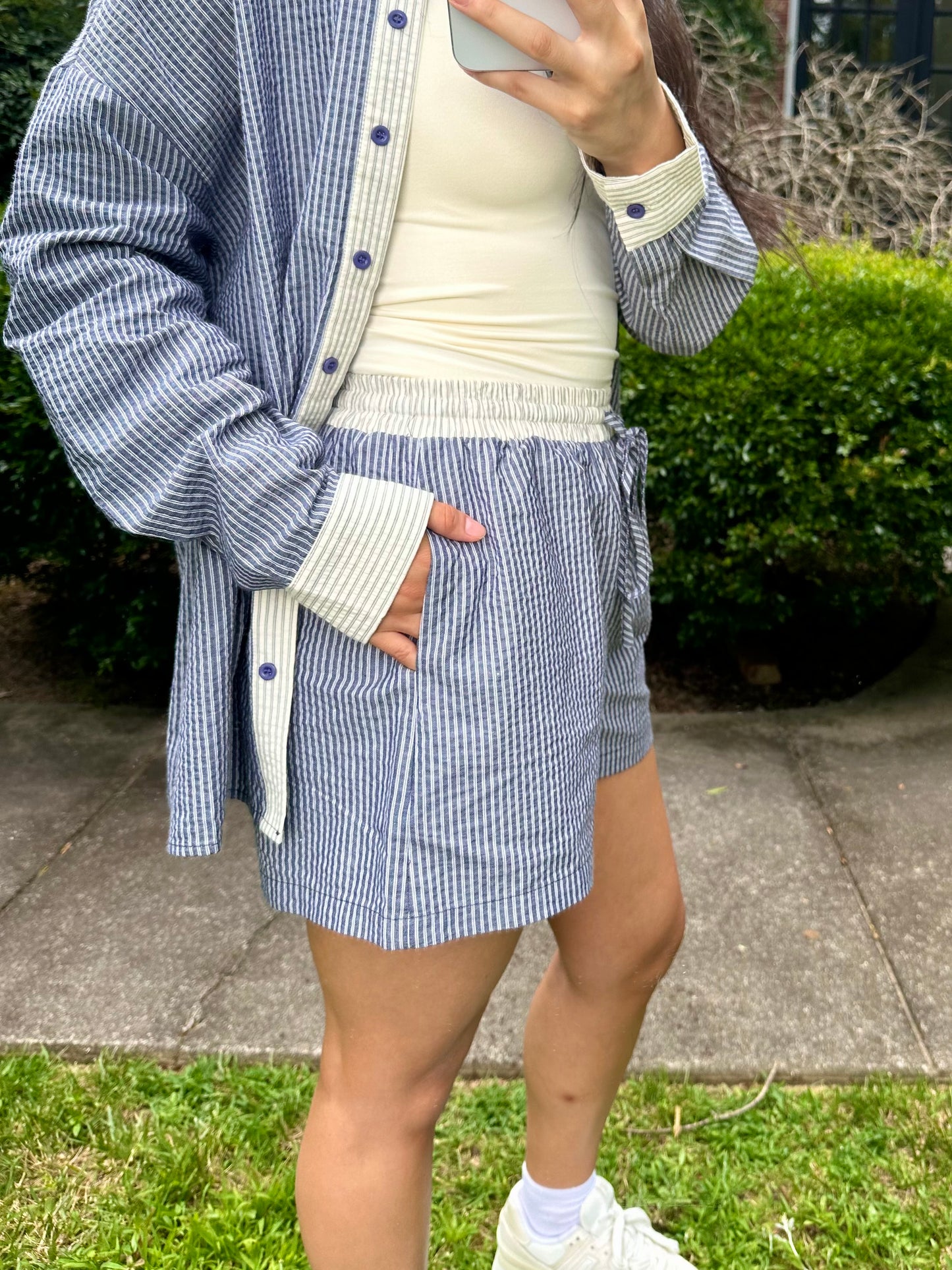 Navy & White Striped Button Up Top & Shorts Set