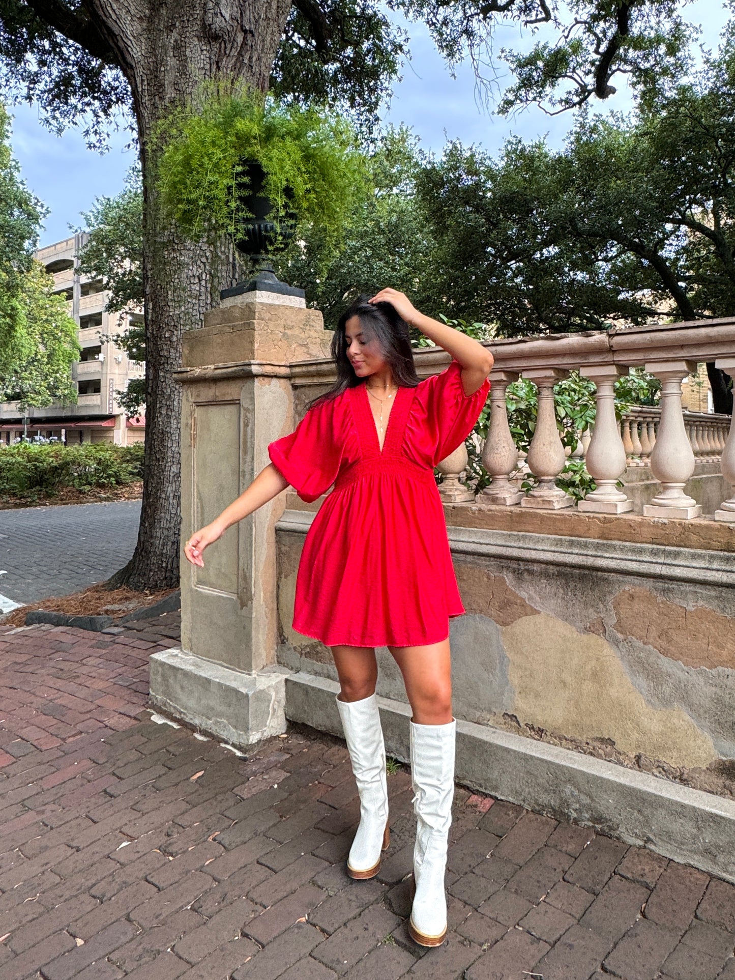 Red Puff Sleeve Flowy Mini Dress