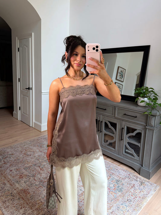 Olive Mocha Lace Satin Top