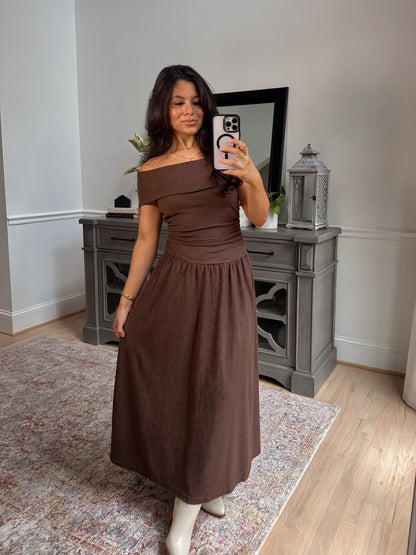 Oakwood Off-Shoulder Drop Waist Dress