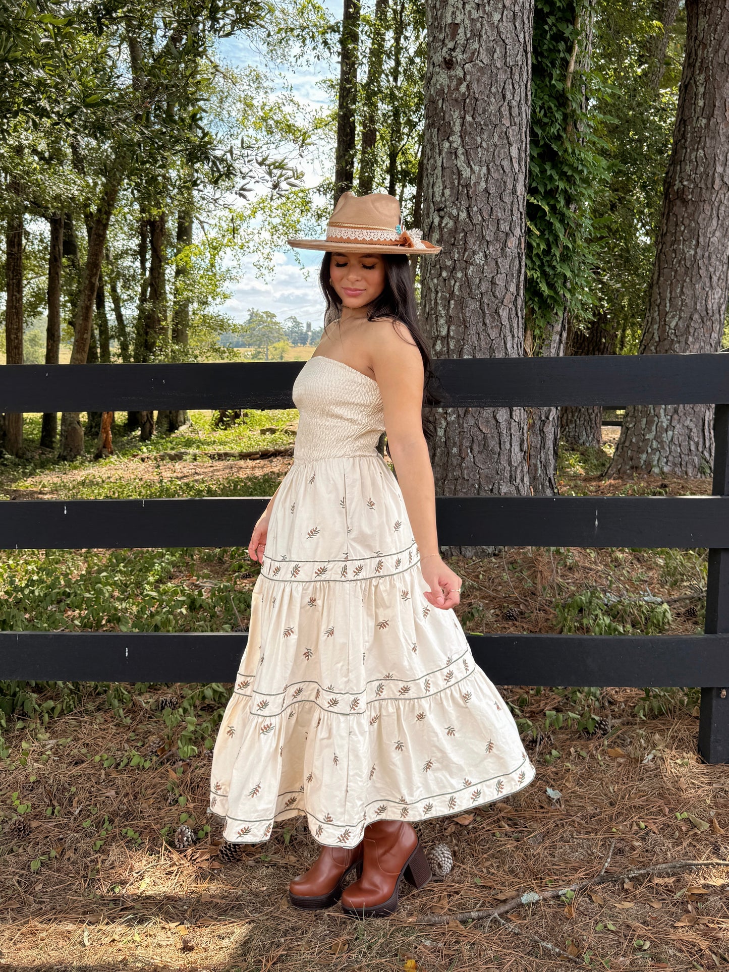 Beige Floral Embroidered Strapless Dress