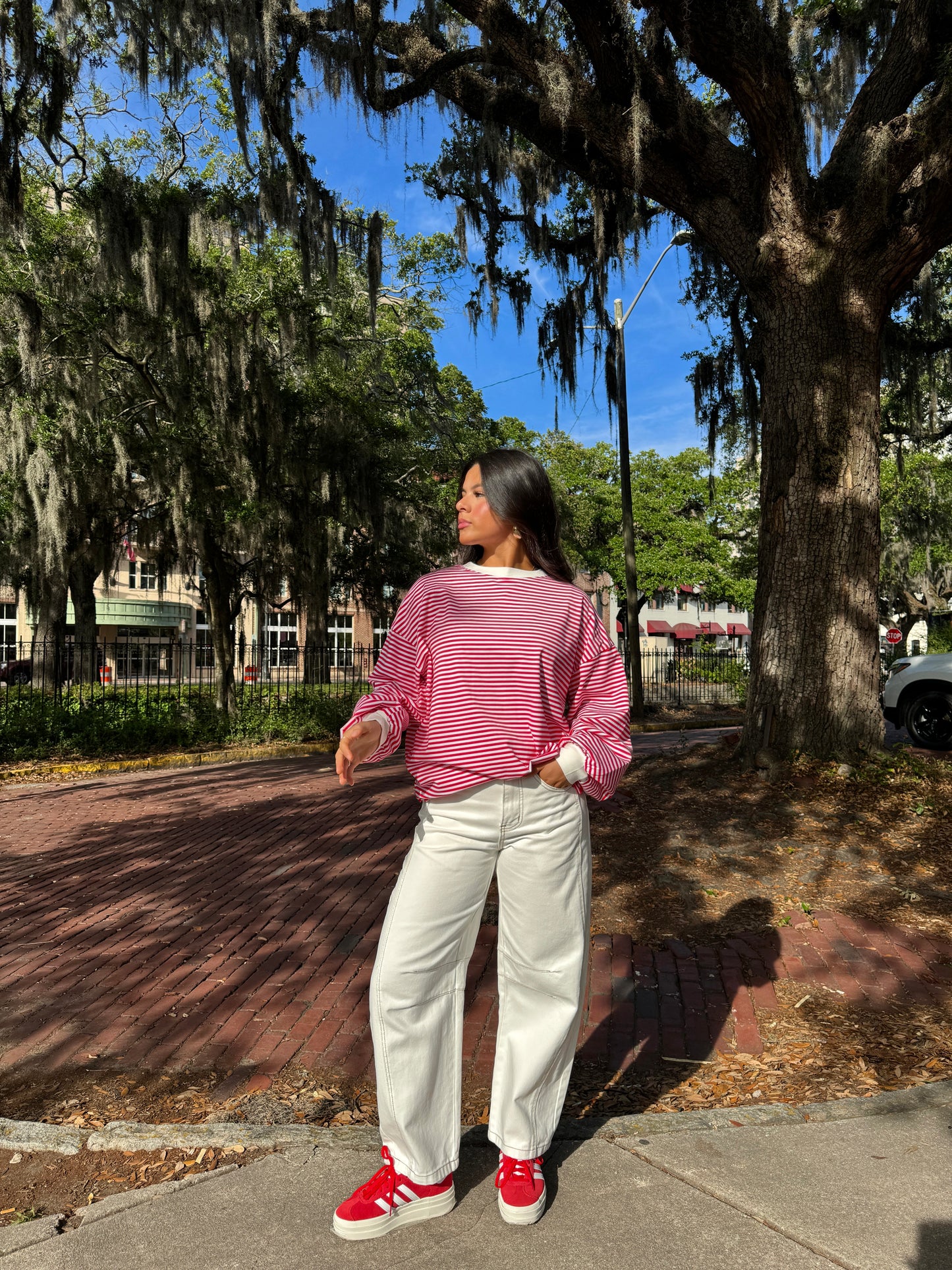 Red and White Striped Long Sleeve Tee