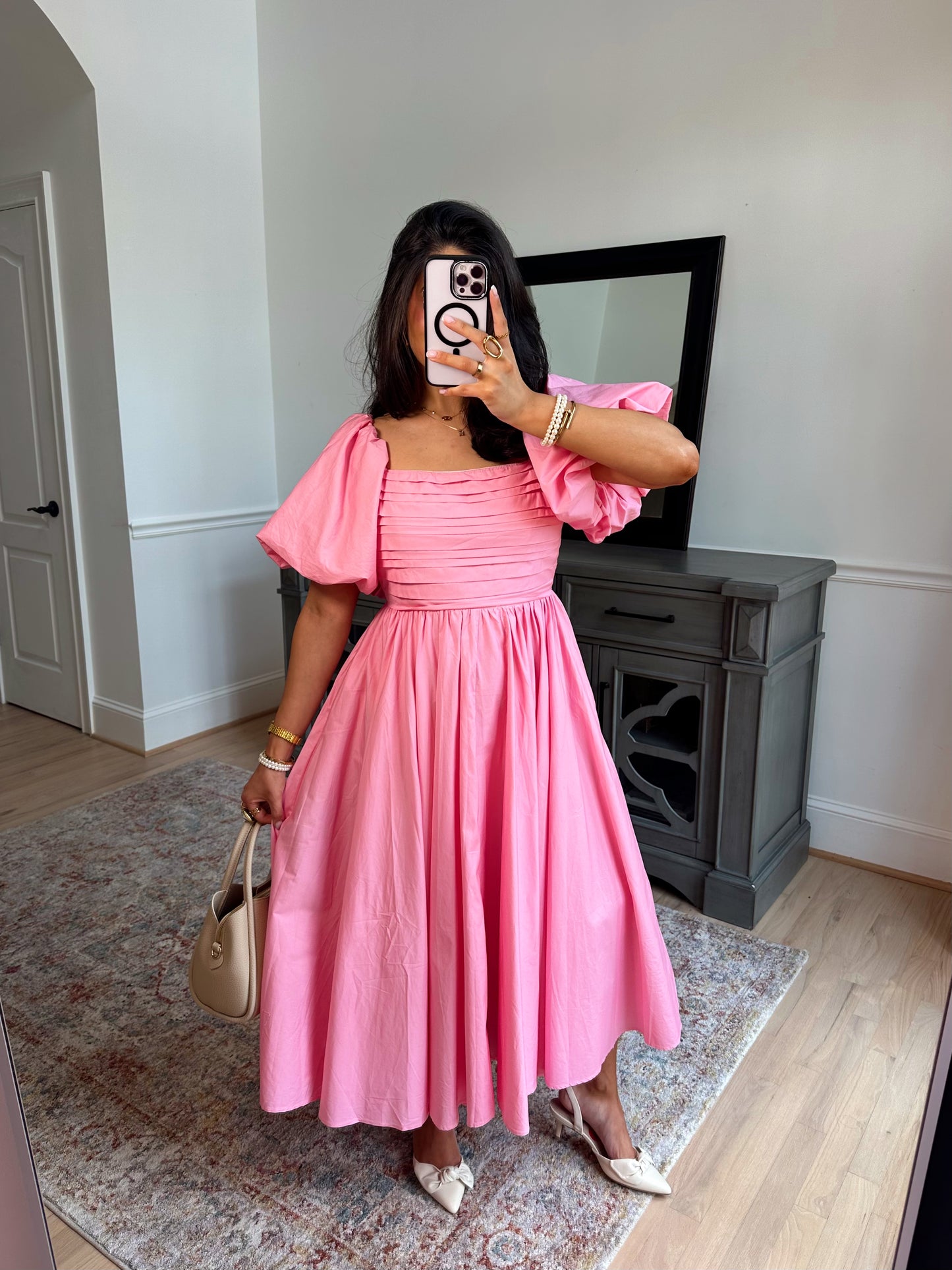 Pink Tulip Puff Sleeve Midi Dress